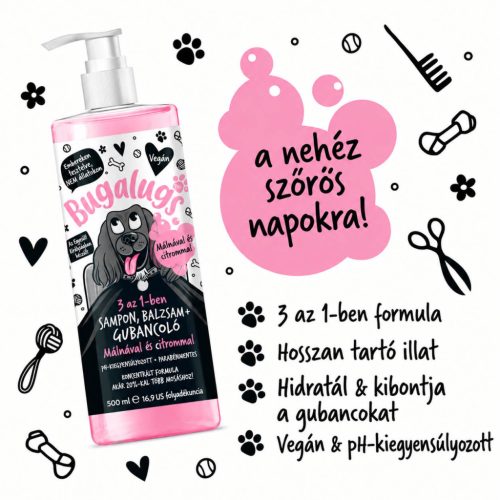 Bugalugs 3 in 1 Sampon, Kondícionáló és Szőrbontó Málna és Citrom 250ml