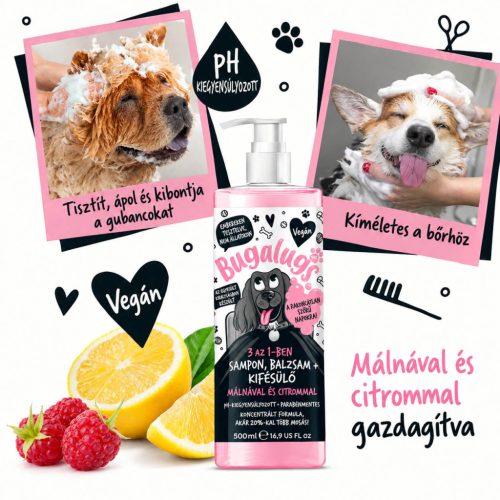 Bugalugs 3 in 1 Sampon, Kondícionáló és Szőrbontó Málna és Citrom 500ml